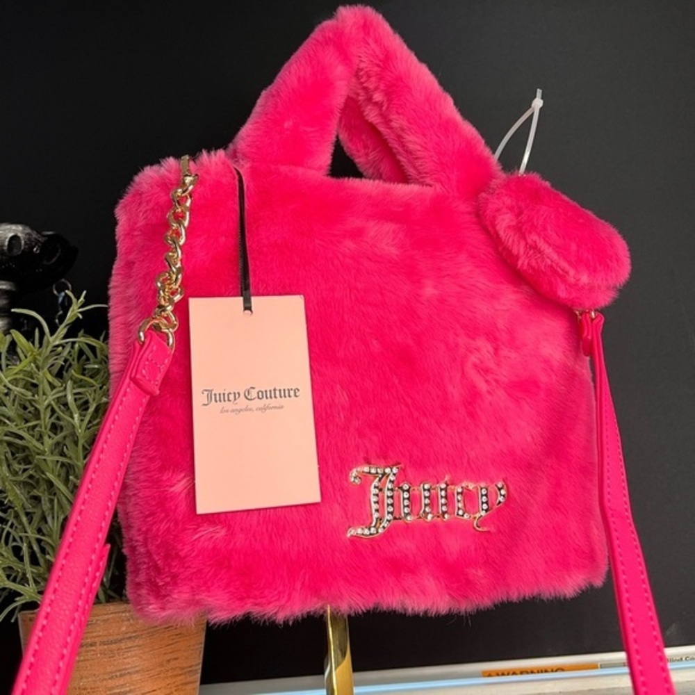 Juicy Couture Free Love Pink Fluffy Mini Tote Rhinestone Logo NWT